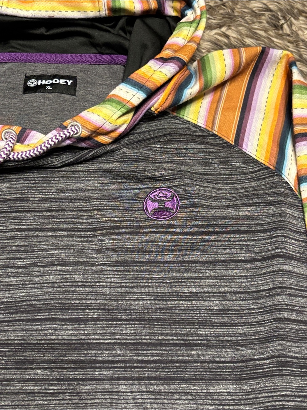 Hooey Charcoal Pullover Hoodie with Multicolor Striped Sleeves - Picture 3 of 4